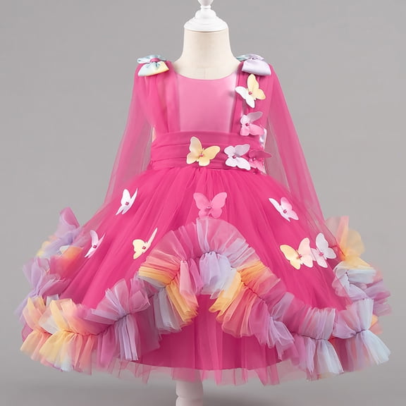 NAISIBABY Flower Dress for Girls, Mesh Tutu Back Bowknot Zipper Lace Long Sleeve Kids Party Pageant Princess Dress Red 8T