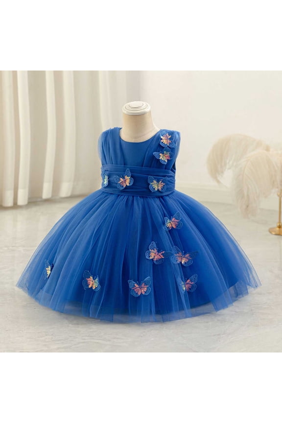 Flower Girl Dresses 5T, Mesh Embroidered Back Zipper Sleeveless Tulle Gown Wedding Party Pageant Dress Blue