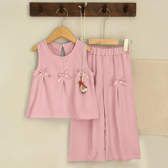 NAISIBABY Girl's Outfit Sets, Sleeveless Bow Pleated Tops and Loose Casual Pants Kids Casual Summer Clothes Pink 2-3T
