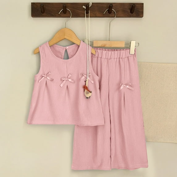 NAISIBABY Girl's Outfit Sets, Sleeveless Bow Pleated Tops and Loose Casual Pants Kids Casual Summer Clothes Pink 4-5T