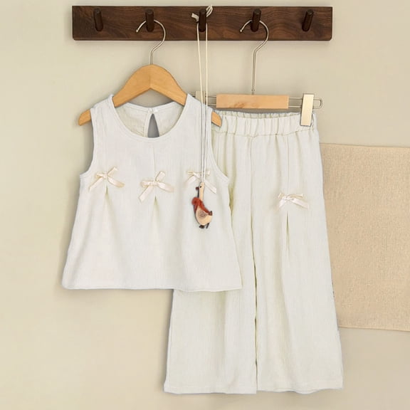 NAISIBABY Girl's Outfit Sets, Sleeveless Bow Pleated Tops and Loose Casual Pants Kids Casual Summer Clothes White 2-3T