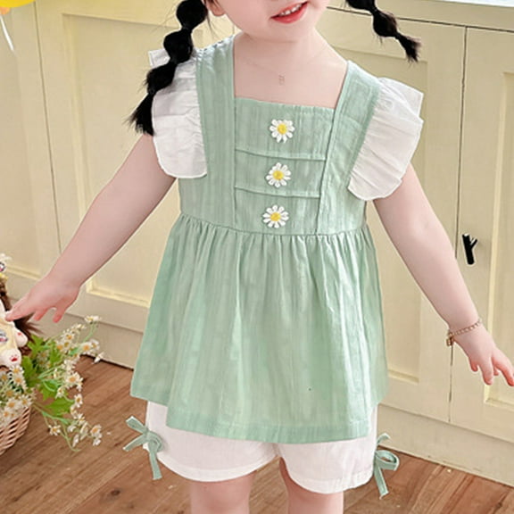 NAISIBABY Girl's Outfits 2-Piece, Ruffles Floral Sleeveless Tops and Loose Shorts Summer Cute Cotton Sets Clothes Green 4-5T