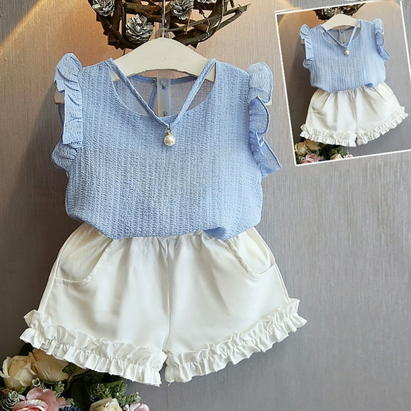 NAISIBABY Girl's Outfits 2-Piece, Sleeveless Pearl Tops and Ruffles Shorts Summer Fashion Sets Clothes Blue 8-9T