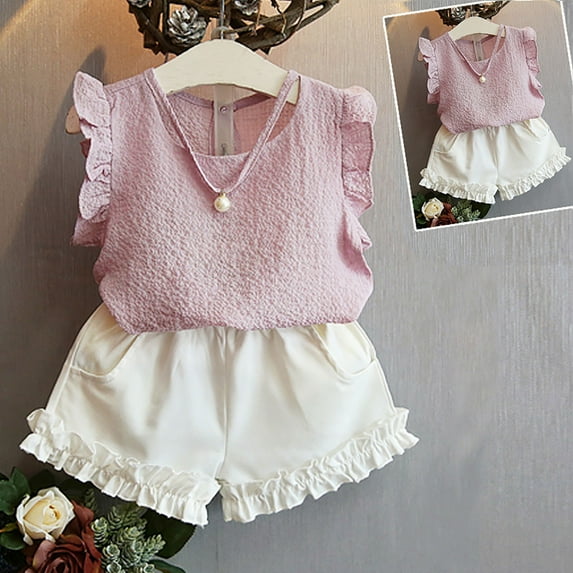 NAISIBABY Girl's Outfits 2-Piece, Sleeveless Pearl Tops and Ruffles Shorts Summer Fashion Sets Clothes Pink 4-5T