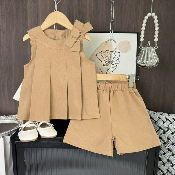 NAISIBABY Girl's Outfits 2-Piece, Sleeveless Pleated Bowknot Tops Elastic Waist Shorts Kids 2025 Summer Cute Sets Khaki 7-8T