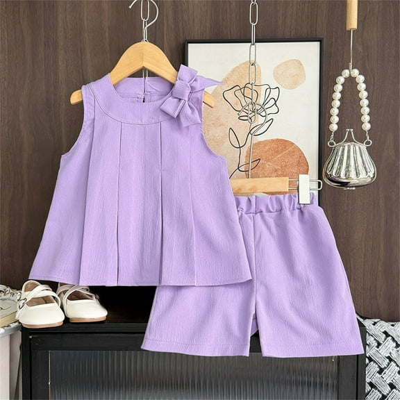 NAISIBABY Girl's Outfits 2-Piece, Sleeveless Pleated Bowknot Tops Elastic Waist Shorts Kids 2025 Summer Cute Sets Purple 6-7T