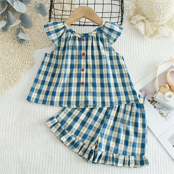 NAISIBABY Girl's Sets 2-Piece, Fashion Graphic Pleated Sleeveless Tops and Ruffles Shorts Summer Cute Outfits Clothes Sky Blue 3-4T