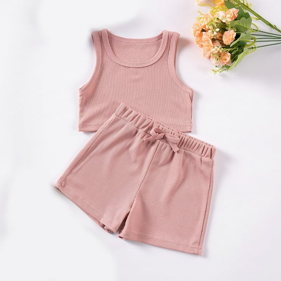 NAISIBABY Girl's Summer Outfits 2-Piece, Solid Color Tank Tops and Stretch Shorts Casual Cotton Sets Pink 6-7T