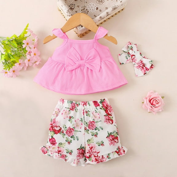 NAISIBABY Girls 2-Piece Outfits, Cute Sleeveless Ruffled Bow Tops Floral Shorts Trendy Sets with Headband Pink 3-6Months