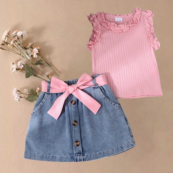 NAISIBABY Girls 2-Piece Outfits, Sleeveless Ruffled Tops Denim Skirts with Belt Summer Cute Outfits Pink 18-24Months