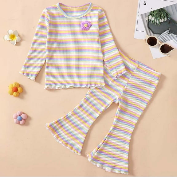NAISIBABY Girls 2-Piece Set, Striped Prints Long Sleeve Crewneck Tops Flare Pants Casual Comfy Outfit Yellow 9-12Months