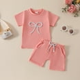 thumbnail image 1 of NAISIBABY Girls 2-Piece Sets, Cotton Crew Neck Short Sleeve Tops and Shorts Bow Summer Casual Outfits Pink 6-12Months, 1 of 9