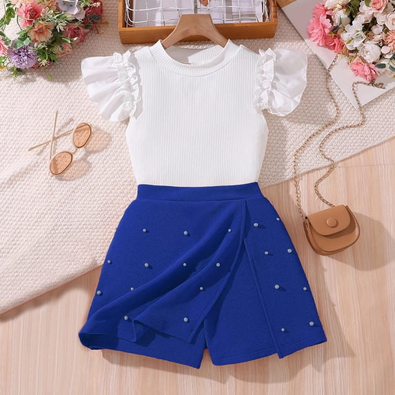 NAISIBABY Girls 2-Piece Sets, Crew Neck Short Sleeve Ruffled Tops Fashion Skirts Summer Fashion Outfits Blue 9-10T