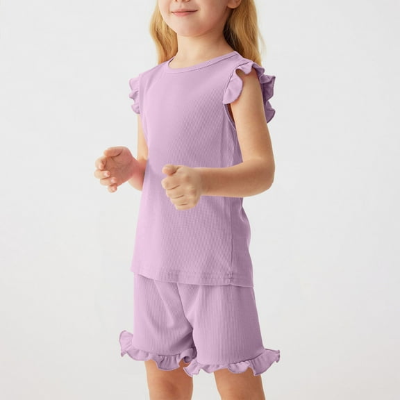 NAISIBABY Girls 2-Piece Sets, Ruffled Solid Color Sleeveless Tops Elastic Waist Shorts Summer Casual Outfits Purple 7-8T