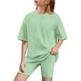 thumbnail image 1 of NAISIBABY Girls 2-Piece Sets, Solid Casual Short Sleeve Loose Tops Elastic Waist Legging Shorts Sports Yoga Outfits Green 12-13T, 1 of 9