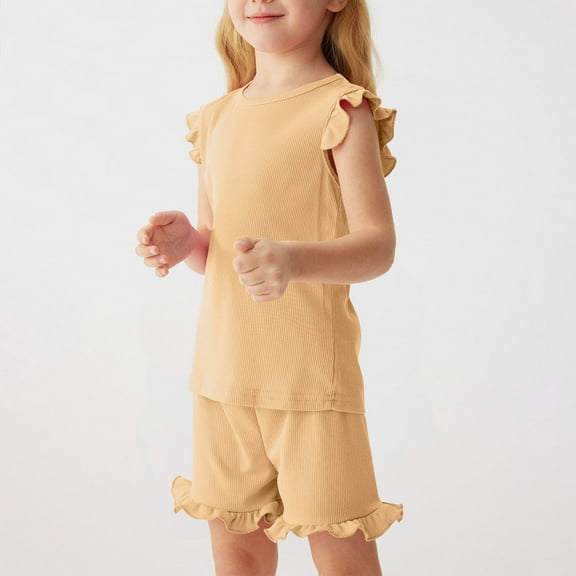 NAISIBABY Girls 2-Piece Sets, Solid Color Ruffled Sleeveless Tops Elastic Waist Shorts Summer Casual Outfits Khaki 7-8T