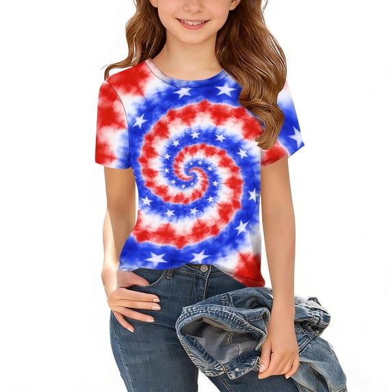 NAISIBABY Girls 4th of July Tee, Short Sleeve Crewneck Patriotic Graphic Kids Casual Fashion T-Shirt Light Blue Size 8