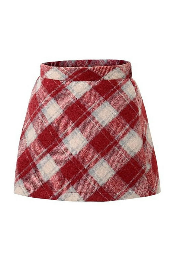 Girls A-Frame Skirt, High Waist Fall Winter Fleece Plaid School Uniform Skirt Red 8T