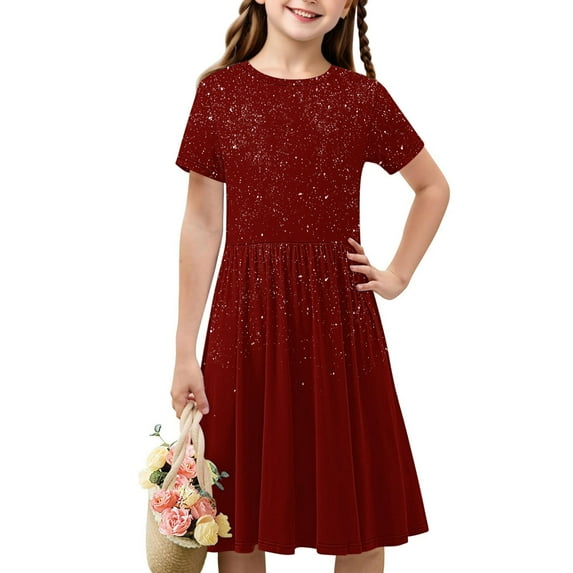 NAISIBABY Girls A-Line Dress, Crew Neck Sparkly Short Sleeve Casual Ruffle Dress Wine 13-14T
