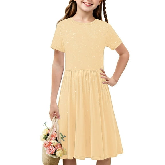 NAISIBABY Girls A-Line Dress, Short Sleeve Sparkly Crew Neck Casual Ruffle Dress Beige 11-12T