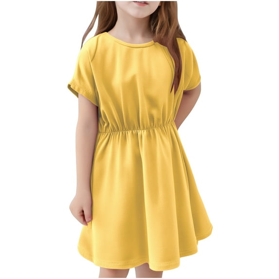 NAISIBABY Girls A-line Dress, Solid Color Short Sleeve Stretchy Waist Cotton Sundress Yellow 6-12Months