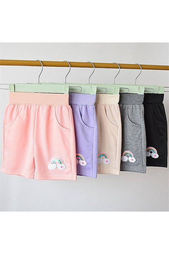 Girls Active Shorts, Loose Comfy Elastic Waist Rainbow Prints Summer Terry Shorts Pink 5-6T