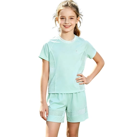 NAISIBABY Girls Athletic Outfit Sets, Sun Protection Quick Dry Short Sleeve T-Shirt & Shorts Summer Breathable Activewear 2-Piece Army Green Size 7