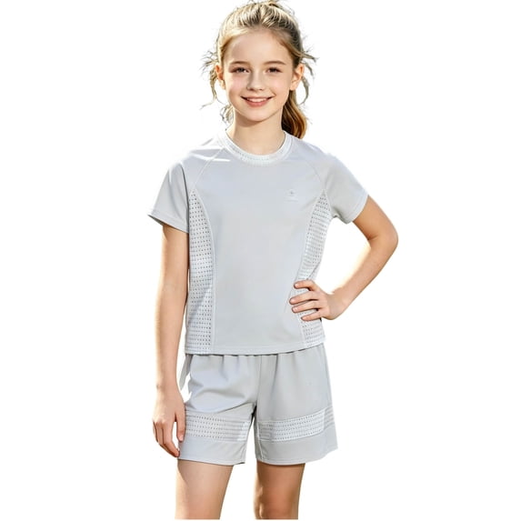 NAISIBABY Girls Athletic Outfit Sets, Sun Protection Quick Dry Short Sleeve T-Shirt & Shorts Summer Breathable Activewear 2-Piece Gray Size 11