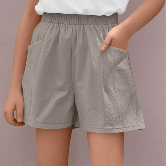 NAISIBABY Girls Athletic Shorts, Loose Fit Elastic Waist Solid Color Summer Cotton Linen Shorts Gray 13-14T