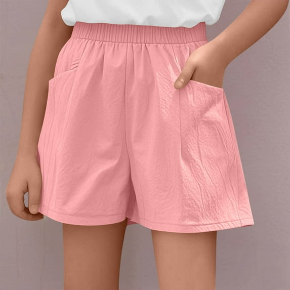 NAISIBABY Girls Athletic Shorts, Loose Fit Solid Color Elastic Waist Summer Cotton Linen Shorts Pink 7-8T
