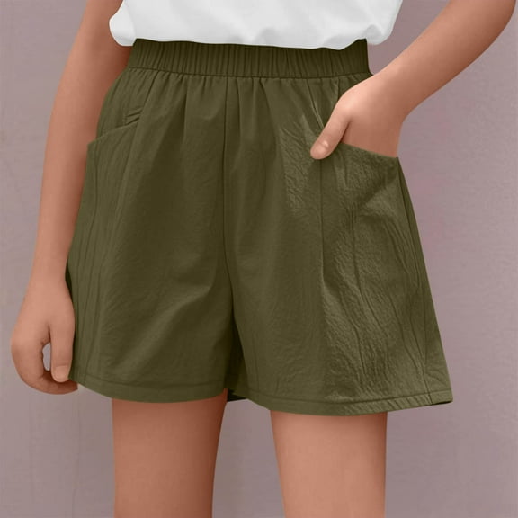 NAISIBABY Girls Athletic Shorts, Solid Color Elastic Waist Loose Fit Summer Cotton Linen Shorts Army Green 11-12T