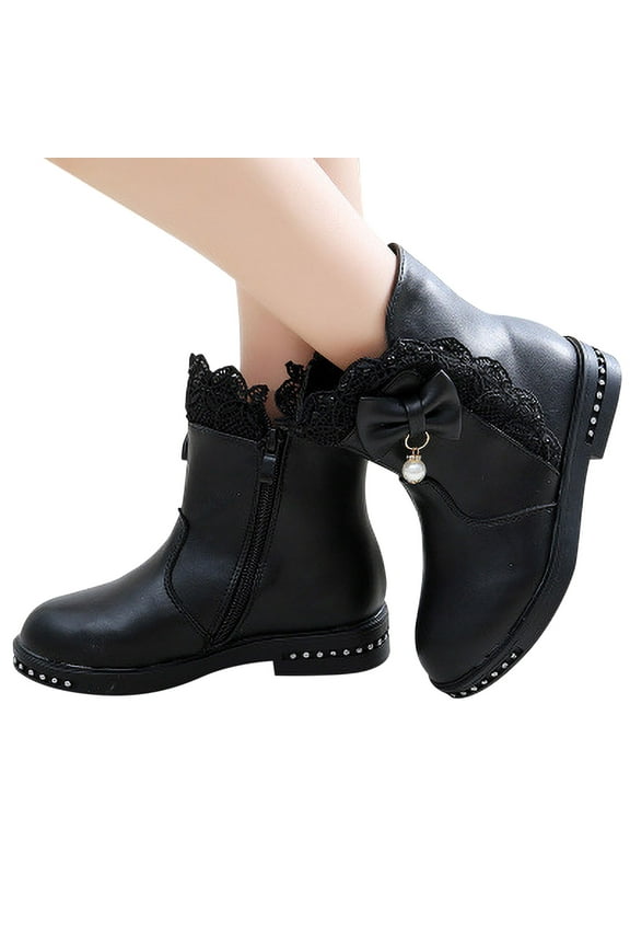 Girls Boots, Warm Solid Color Lace Bow Kids Fall Winter Leather Boots Black 11
