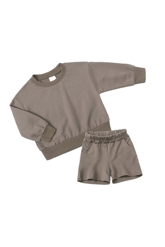 Girls Boys Outfit Sets, Casual Pullover Sweatshirts Shorts Solid Athleisure 2 Piece Dark Gray 1-2T