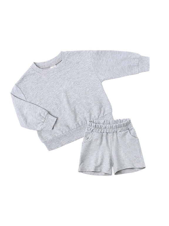 Girls Boys Outfit Sets, Solid Casual Pullover Sweatshirts Shorts Athleisure 2 Piece Gray 1-2T