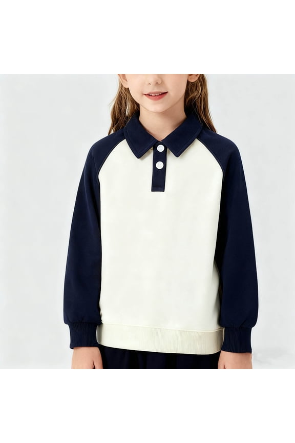 Girls Boys Polo Sweatshirt, Raglan Long Sleeve Cotton Soft Lapel Kids Casual School Uniform Tops Navy 12T