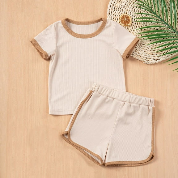 NAISIBABY Girls Boys Sets 5 T, Short Sleeve Tees and Dolphin Shorts Summer Casual Cotton Outfits 2-Piece Beige(1-6T)