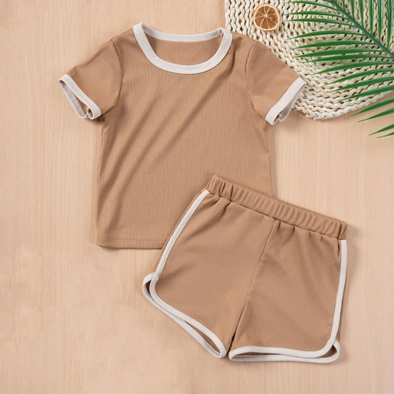 NAISIBABY Girls Boys Sets, Short Sleeve Tees and Dolphin Shorts Summer Casual Cotton Outfits 2-Piece Brown 5T