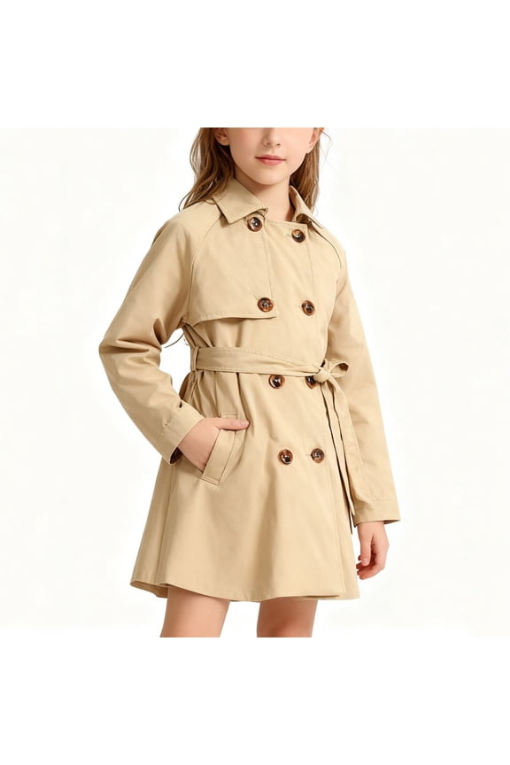 Girls British Style Trench Jacket, Lapel Double-Breasted Pockets Mid Length Windbreaker Coat with Belt Khaki 2T
