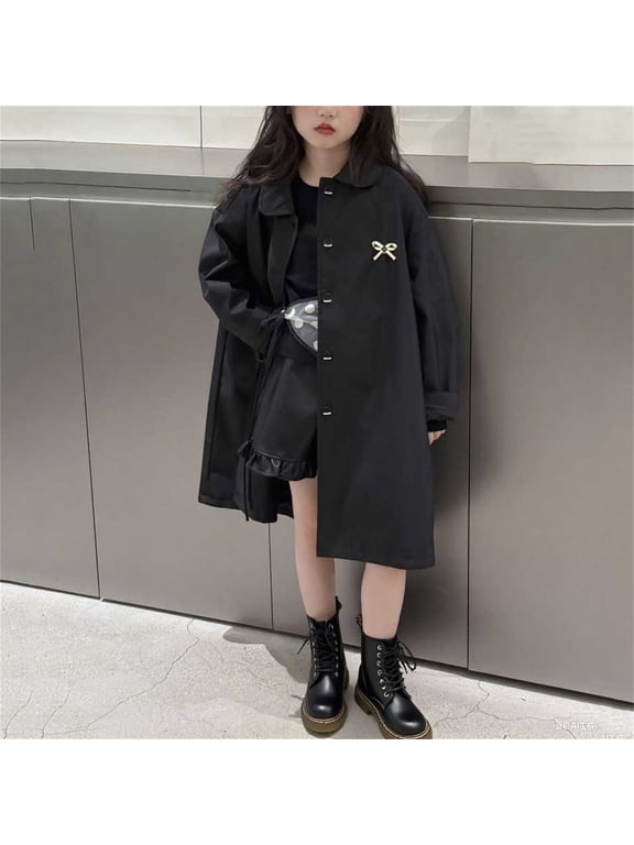Girls British Style Trench Jacket, with Pockets Lapel Button Up Mid Length Windbreaker Outerwear Black 12T