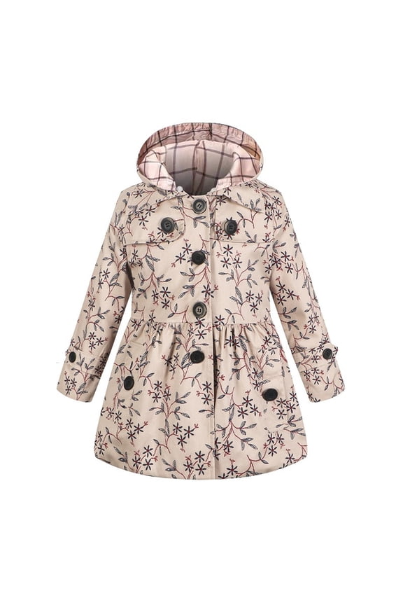 Girls British Trench Coat, Long Sleeve Floral Prints Thicken Warm Quilted Mid-Long Jacket Khaki 3-4T