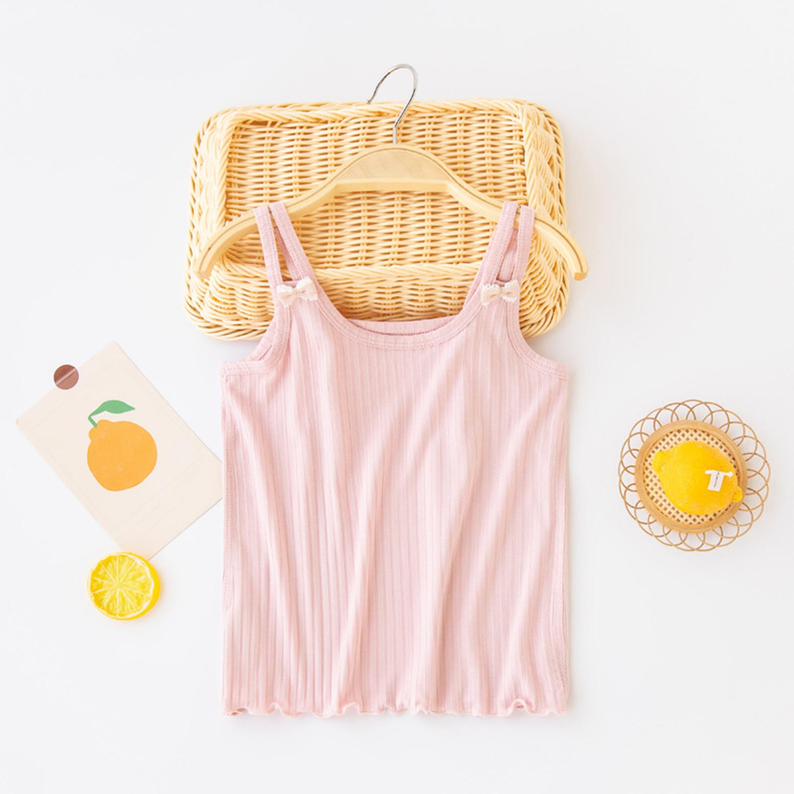 NAISIBABY Girls Camisoles, Ruffled Hem Cute Bow Spaghetti Strap Ultra-Soft Tank Tops Pink 7-8T