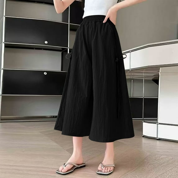 NAISIBABY Girls Capri Pants 14 T, Elastic Waist Wide Leg with Pocekts Summer Thin Casual Pants Black