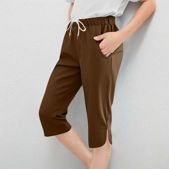NAISIBABY Girls Capri Pants, Solid Color Stretch Comfortable Drawstring Casual Yoga Sports Pants with Pockets Brown 9-10T