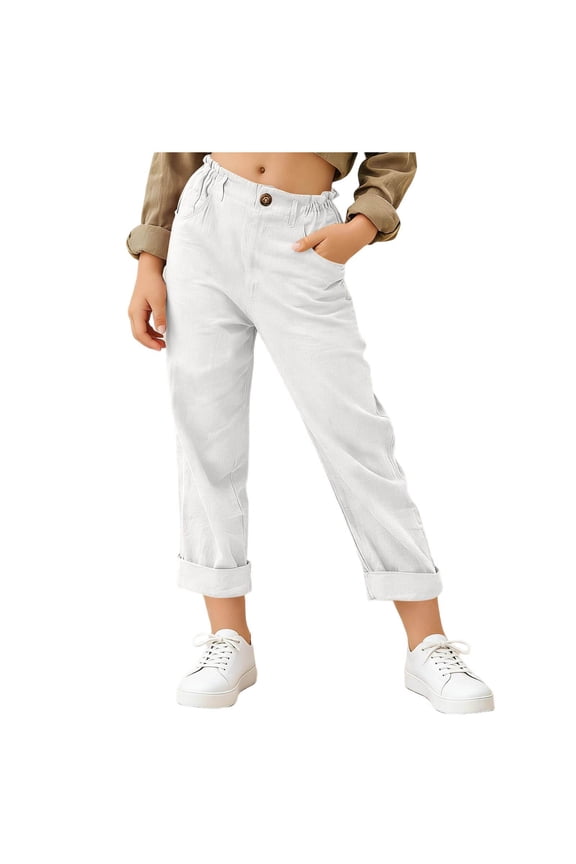 Girls Capri Pants, Rolled-Cuff Straight Leg with Pockets Elastic Waist Kids Fashion School Uniform Pants White 5T