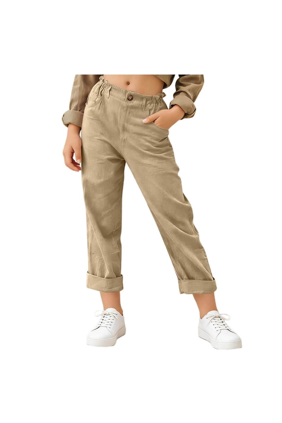 Girls Capri Pants Size 12, Rolled-Cuff Straight Leg with Pockets Elastic Waist Kids Fashion School Uniform Pants Khaki (5-15T)