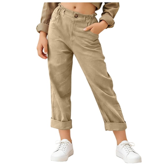 NAISIBABY Girls Capri Pants Size 12, Rolled-Cuff Straight Leg with Pockets Elastic Waist Kids Fashion School Uniform Pants Khaki (5-15T)