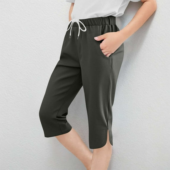 NAISIBABY Girls Capri Pants, Solid Color Drawstring Stretch Comfortable Casual Yoga Sports Pants with Pockets Dark Gray 7-8T