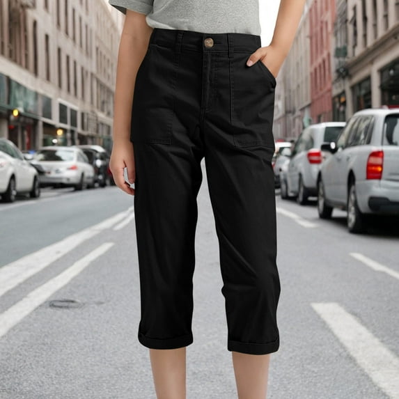 NAISIBABY Girls Capri Pants, Straight Leg Buttons Elastic Waist with Pockets Casual School Uniform Pants Black 14T