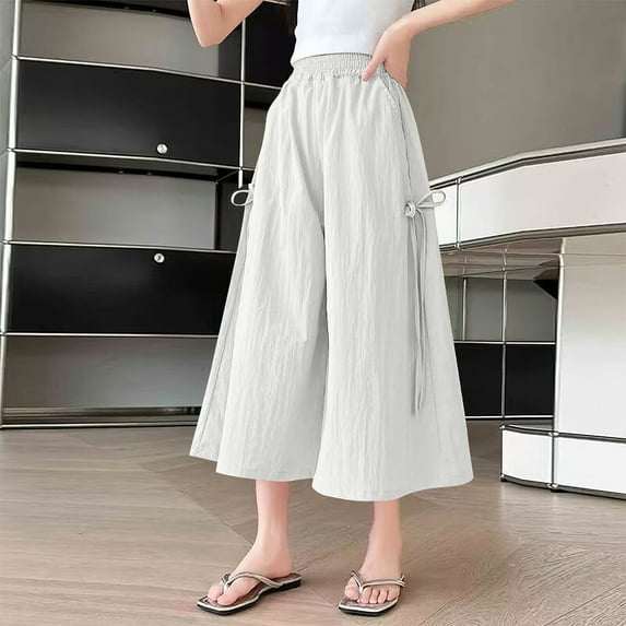 NAISIBABY Girls Capri Pants, with Pocekts Wide Leg Elastic Waist Summer Thin Casual Pants Gray 4T