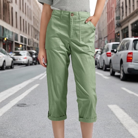 NAISIBABY Girls Capri Pants, with Pockets Buttons Elastic Waist Straight Leg Casual School Uniform Pants Green 10T